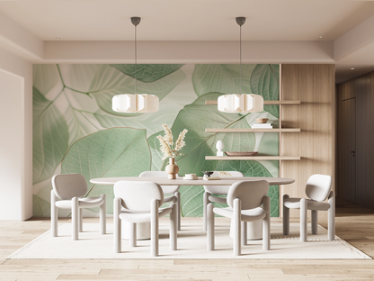 Leaves – Selbstklebende Tapete mit Blättermotiv in Salbei und Nebelweiß