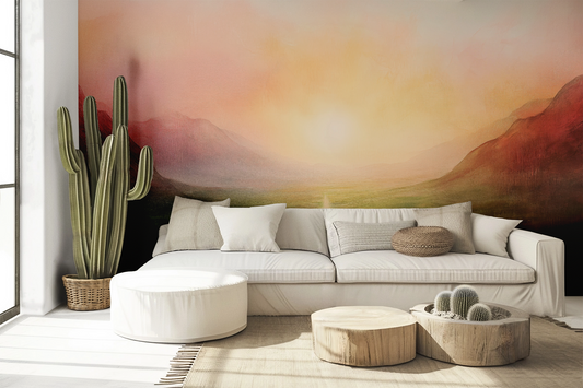 Sonnenpfad – Digitales Wandbild mit Sonnenaufgang in sanften Gold- und Rosétönen