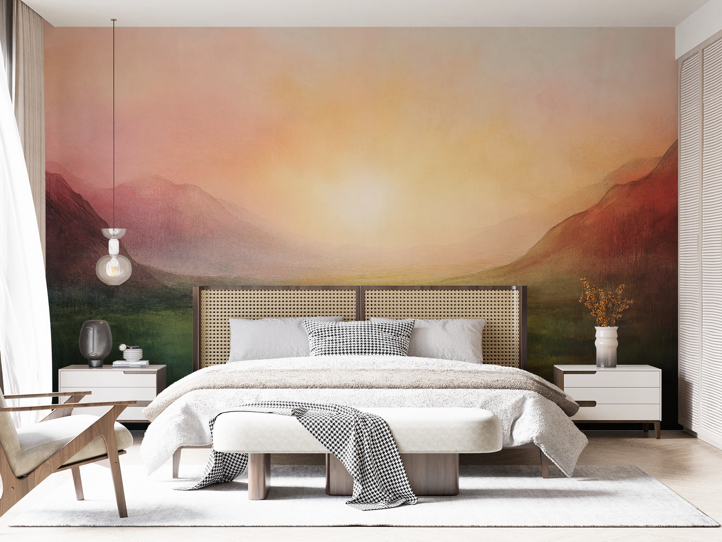 Sonnenpfad – Digitales Wandbild mit Sonnenaufgang in sanften Gold- und Rosétönen