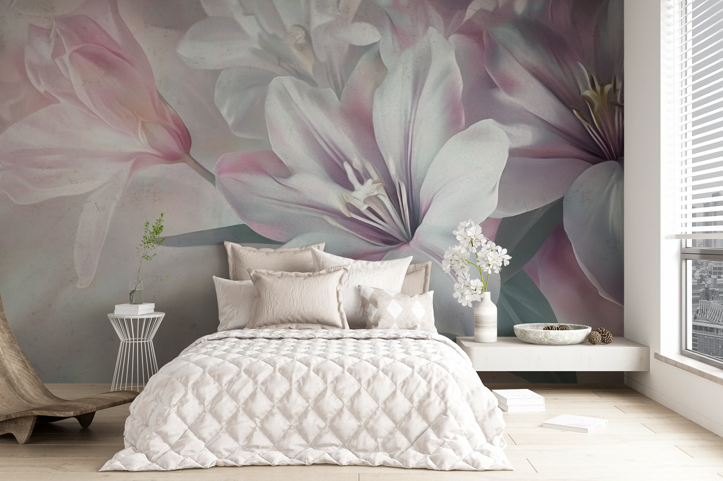 Blossom Whisper – Florale Digitaltapete mit Rosé-Blüten und sanften Naturtönen auf Vlies