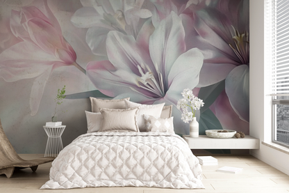 Blossom Whisper – Florale Digitaltapete mit Rosé-Blüten und sanften Naturtönen auf Vlies