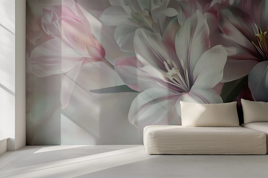 Blossom Whisper – Florale Digitaltapete mit Rosé-Blüten und sanften Naturtönen auf Vlies