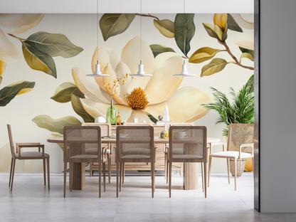 Magnolia Grace – Selbstklebende Digitaltapete mit großformatigen Magnolien in Creme, Gold und Olivgrün