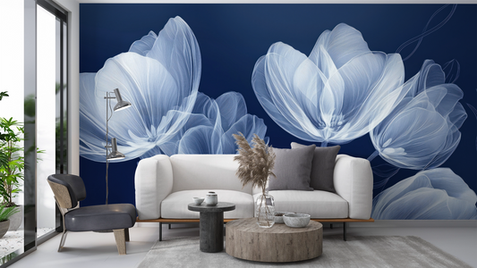 Nachtschimmer – Moderne selbstklebende Tapete in Tiefblau mit floraler Grafik, als Wandbild im Digitaldruck