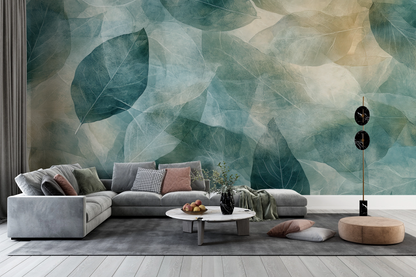 Schichten der Natur – Selbstklebende Tapete mit Blättermotiv in Blau und Sand