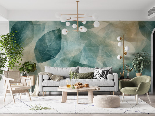 Schichten der Natur – Selbstklebende Tapete mit Blättermotiv in Blau und Sand