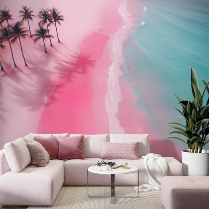 Pink Paradise – Digitaltapete mit Palmen, Strand und tropischem Flair