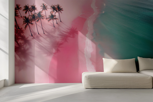 Pink Paradise – Digitaltapete mit Palmen, Strand und tropischem Flair