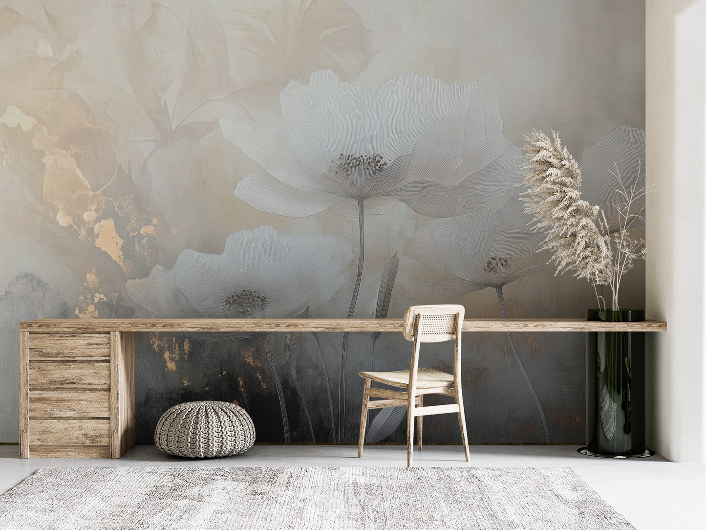 Silent Bloom – Blumentapete mit goldenen Akzenten