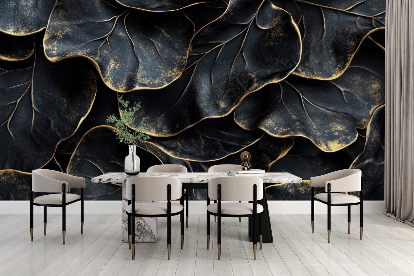 Golden Leaf Noir – Selbstklebende Fototapete mit luxuriösem Blattmotiv in Schwarz und Gold