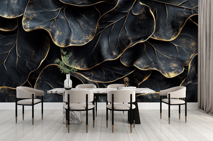 Golden Leaf Noir – Selbstklebende Fototapete mit luxuriösem Blattmotiv in Schwarz und Gold