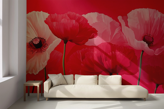 Azara – Self-adhesive wallpaper with vibrant poppy blossoms in red-rose for expressive living spaces