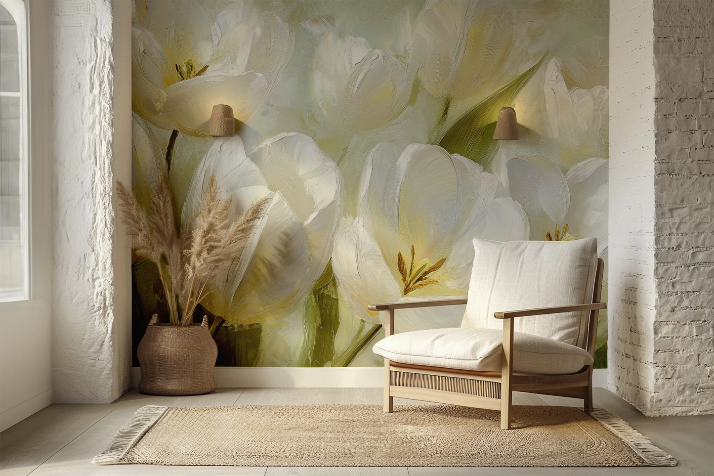 Blanche de Jardin – Selbstklebende Tapete mit weißen Tulpen und stiller Eleganz
