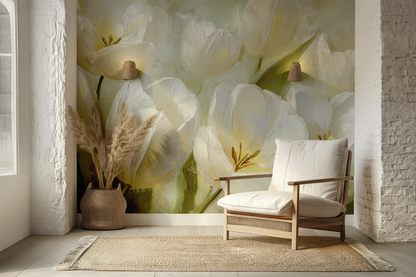 Blanche de Jardin – Selbstklebende Tapete mit weißen Tulpen und stiller Eleganz