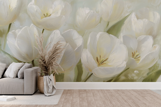 Blanche de Jardin – Selbstklebende Tapete mit weißen Tulpen und stiller Eleganz