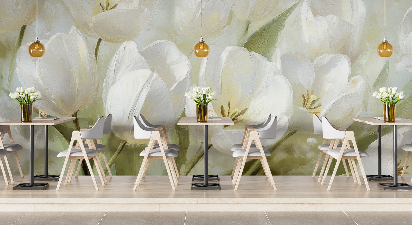 Blanche de Jardin – Selbstklebende Tapete mit weißen Tulpen und stiller Eleganz