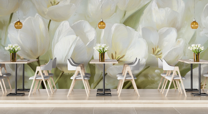 Blanche de Jardin – Selbstklebende Tapete mit weißen Tulpen und stiller Eleganz