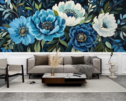 Dunkle Blumentapete Nuit Florale – florales Stillleben in Nachtblau und Elfenbein – selbstklebend, ideal für Schlafzimmer