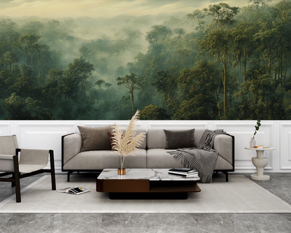 Selva Aurea bringt tropische Ruhe & Goldlicht an Ihre Wand – eine selbstklebende Panorama-Tapete für Räume mit emotionaler Tiefe & Naturverbundenheit.