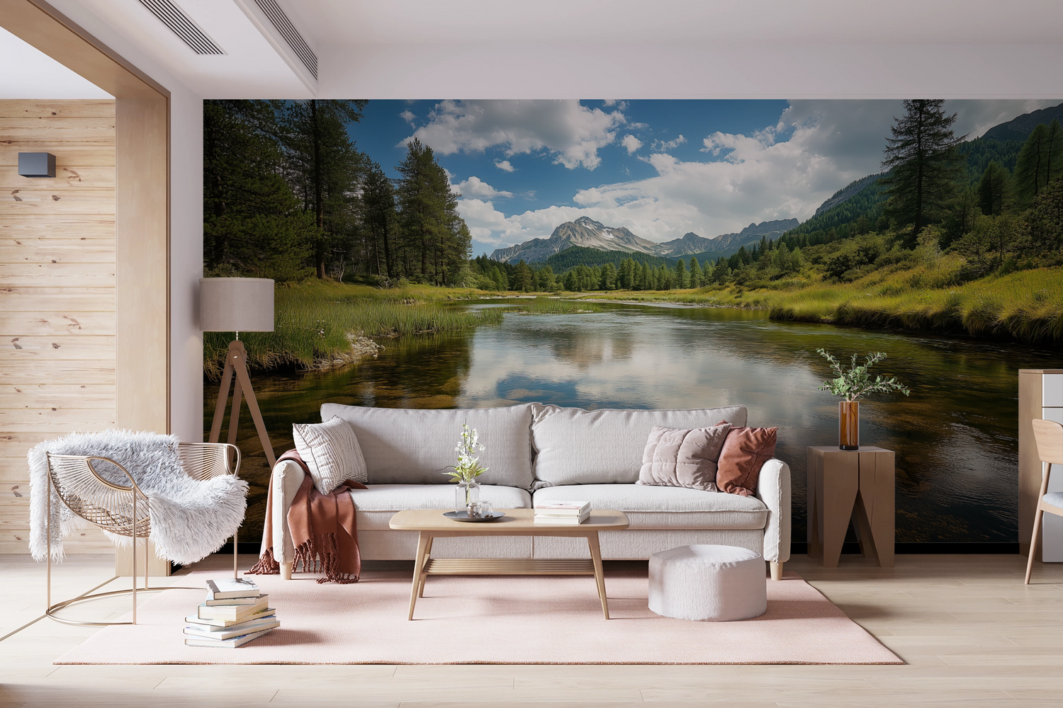 Selbstklebende Panorama-Tapete Bergruhe mit alpinem Landschaftsmotiv in Naturgrau & Moosgrün. Perfekt für ruhige Wohnräume, Spa, Hotel oder Homeoffice.