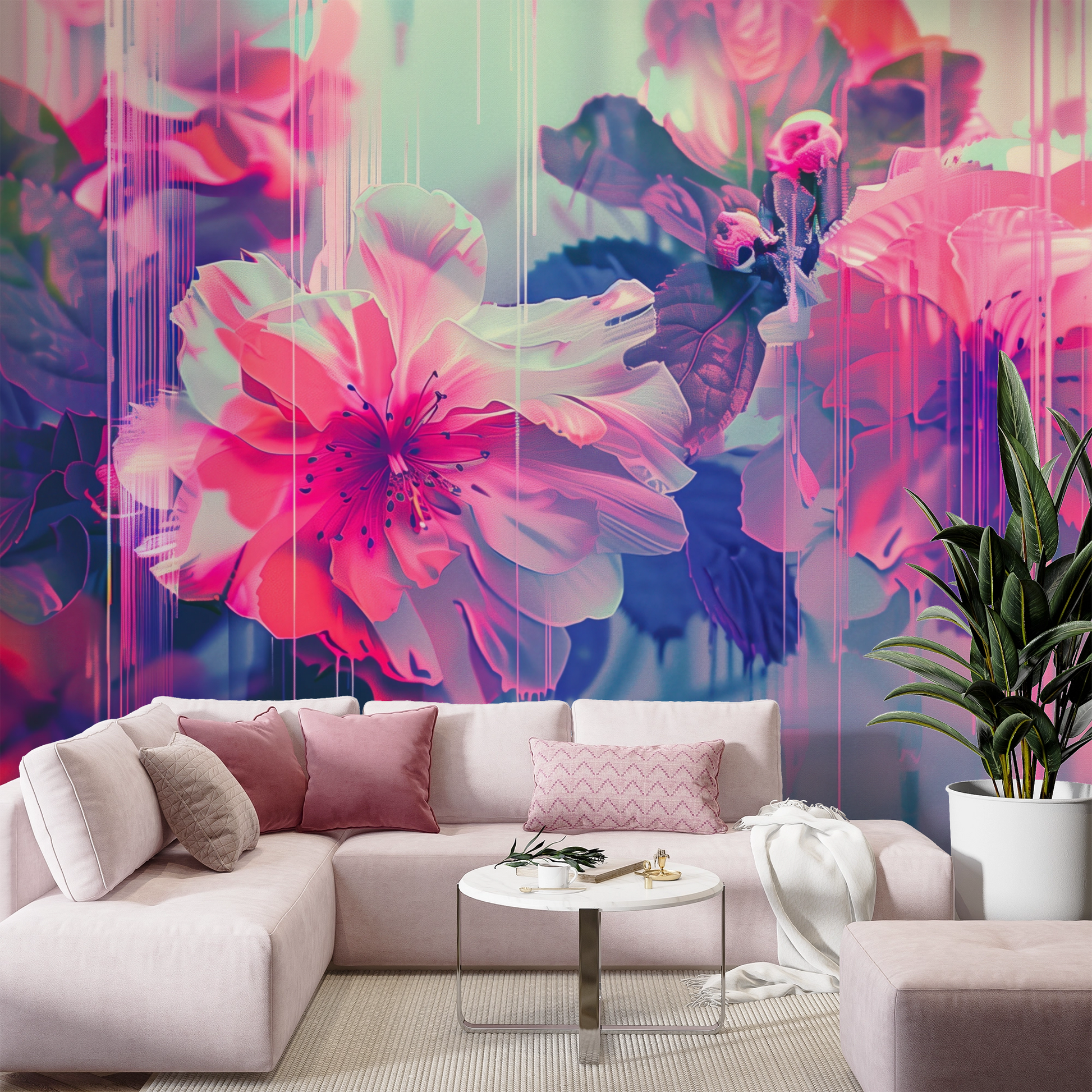 Entdecken Sie Bloomshift – die selbstklebende Tapete mit floralen Glitch-Effekten in Pink & Violett. Ideal für kreative Räume, moderne Wohnideen & stilvolle Interieurs.
