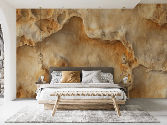 Fossile Forme ist eine selbstklebende Tapete mit mineralischer Struktur in Beige & Ocker – ideal für Spa-Zonen, ruhige Räume & moderne Interiors.