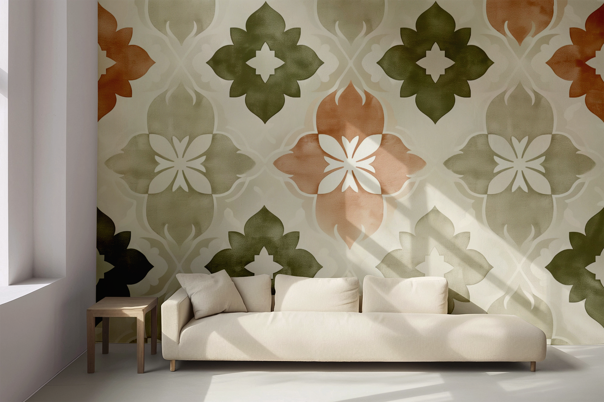 Terra Flora ist eine selbstklebende Tapete mit floralem Ornament in Terrakotta, Salbei & Sand – mediterran, modern & perfekt für stilvolle Räume mit Struktur.