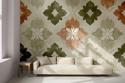 Terra Flora ist eine selbstklebende Tapete mit floralem Ornament in Terrakotta, Salbei & Sand – mediterran, modern & perfekt für stilvolle Räume mit Struktur.