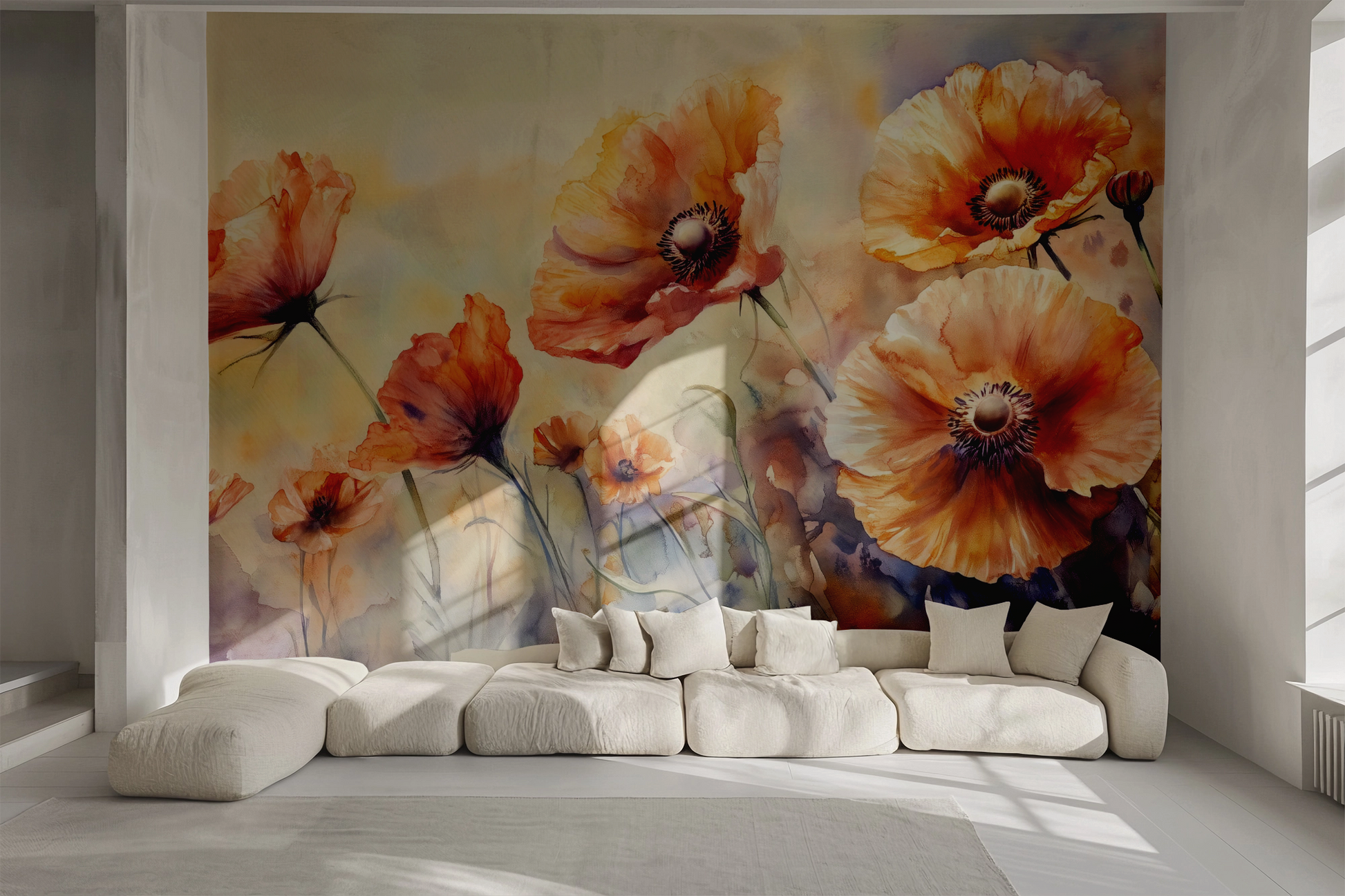 Sommerliche Blumentapete Midsommerflor – Aquarell-Mohnblumen in Rosé und Lavendel – selbstklebende Wandgestaltung