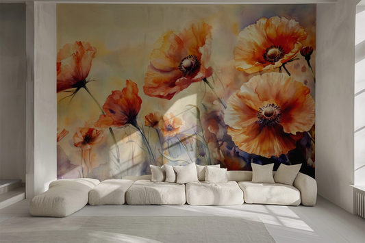 Sommerliche Blumentapete Midsommerflor – Aquarell-Mohnblumen in Rosé und Lavendel – selbstklebende Wandgestaltung