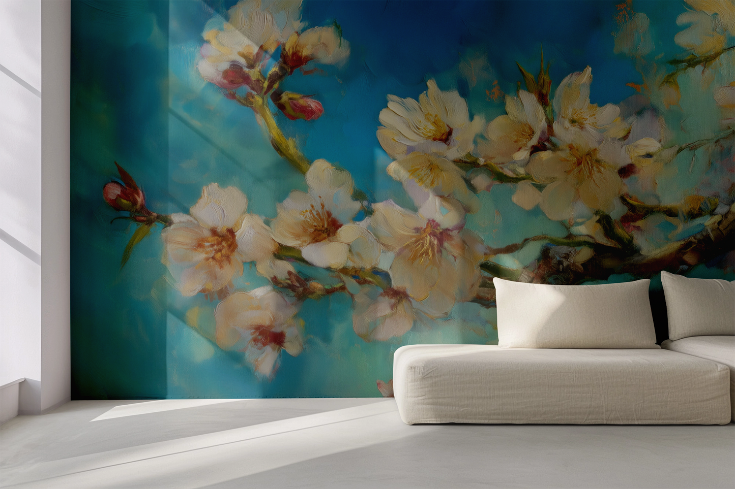 Florale Tapete Blauzeit – Mandelblüten in zartem Blau – Digitaltapete selbstklebend für Schlafzimmer oder Wohnbereich