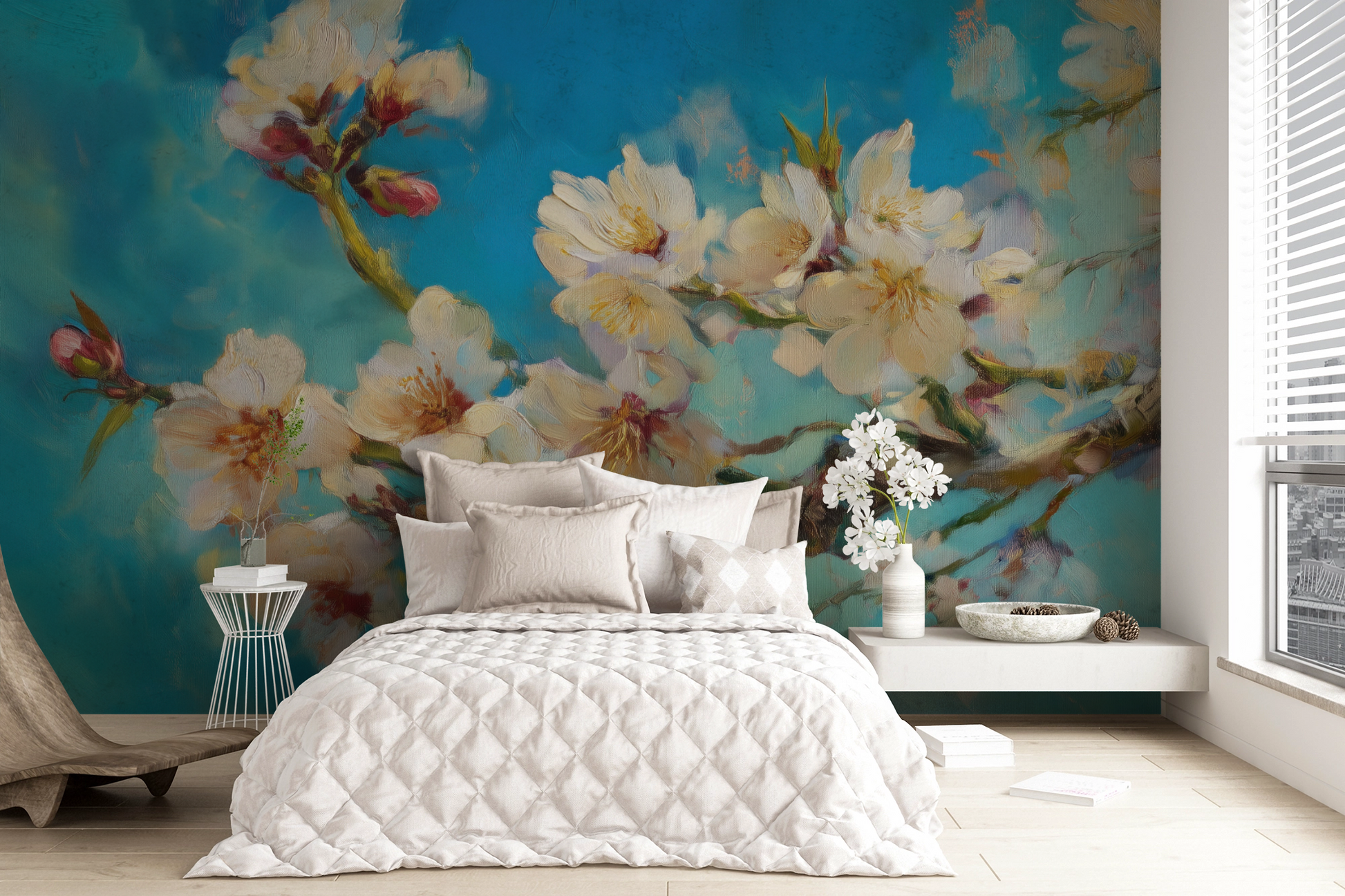 Florale Tapete Blauzeit – Mandelblüten in zartem Blau – Digitaltapete selbstklebend für Schlafzimmer oder Wohnbereich