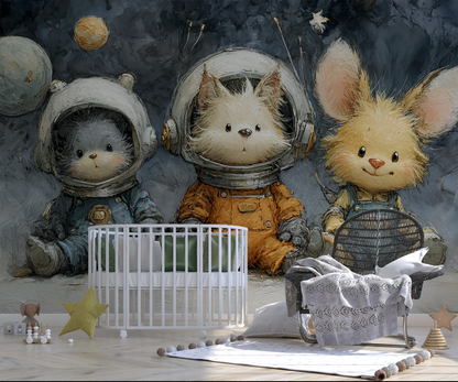 Illustration einer Kindertapete mit Hund, Kätzchen und Hase in Raumanzügen vor einem Sternenhimmel