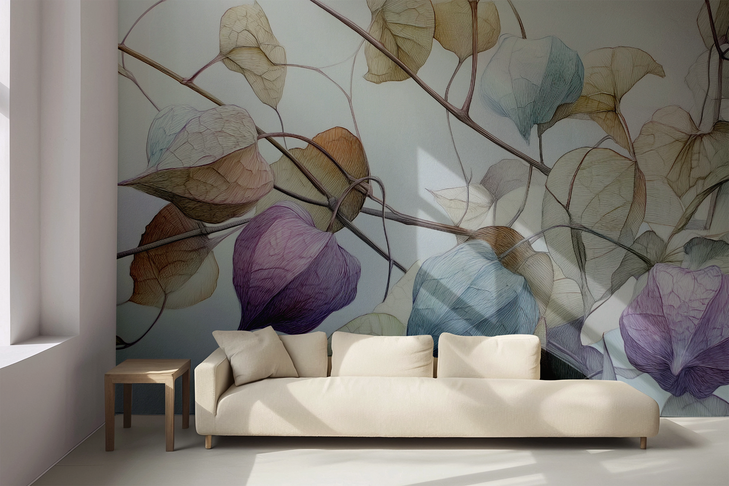 Filigrane Blätter in Pastelltönen auf hellblauem Hintergrund – botanische Illustration als Wandtapete