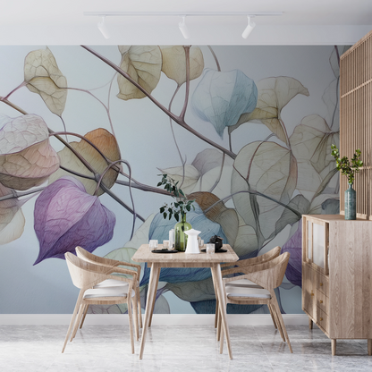 Filigrane Blätter in Pastelltönen auf hellblauem Hintergrund – botanische Illustration als Wandtapete