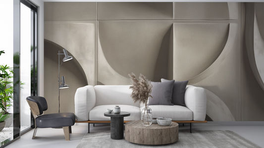 Digitaltapete mit 3D-Relief in geometrischem Muster und sandfarbener Oberfläche – moderne, skulpturale Wandgestaltung.