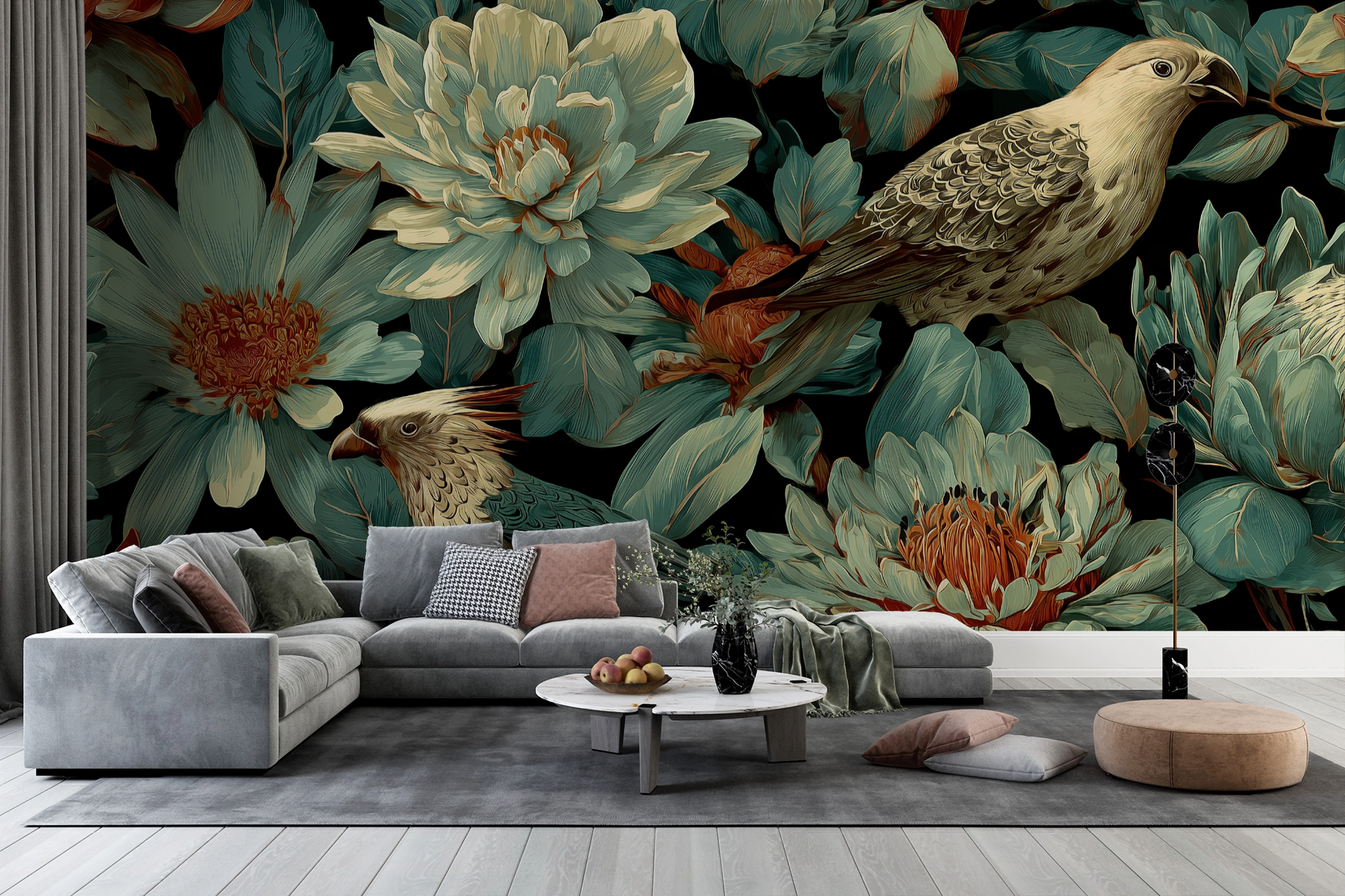 Digitaltapete mit tropischen Vögeln und üppigen Blüten in Grün, Terrakotta und Beige auf dunklem Hintergrund