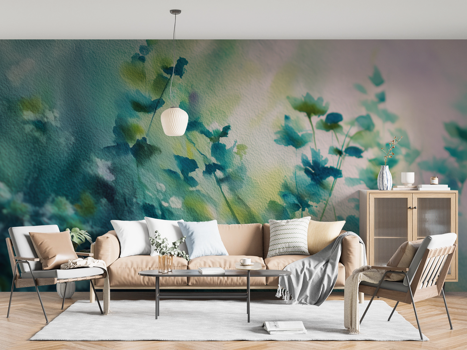 Aquarellartige Digitaltapete mit blauen und grünen Blättern – sanftes Naturmotiv