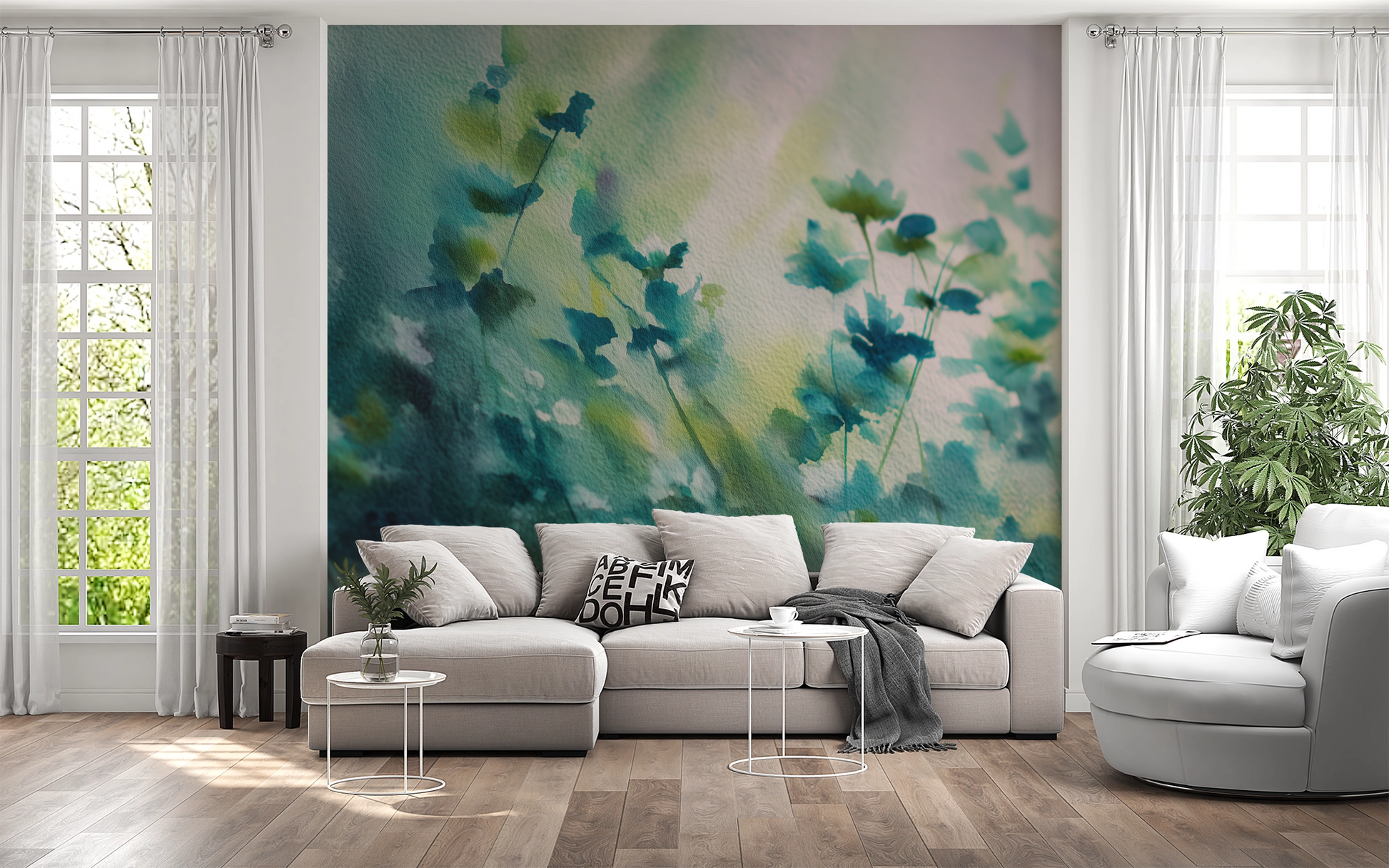 Aquarellartige Digitaltapete mit blauen und grünen Blättern – sanftes Naturmotiv