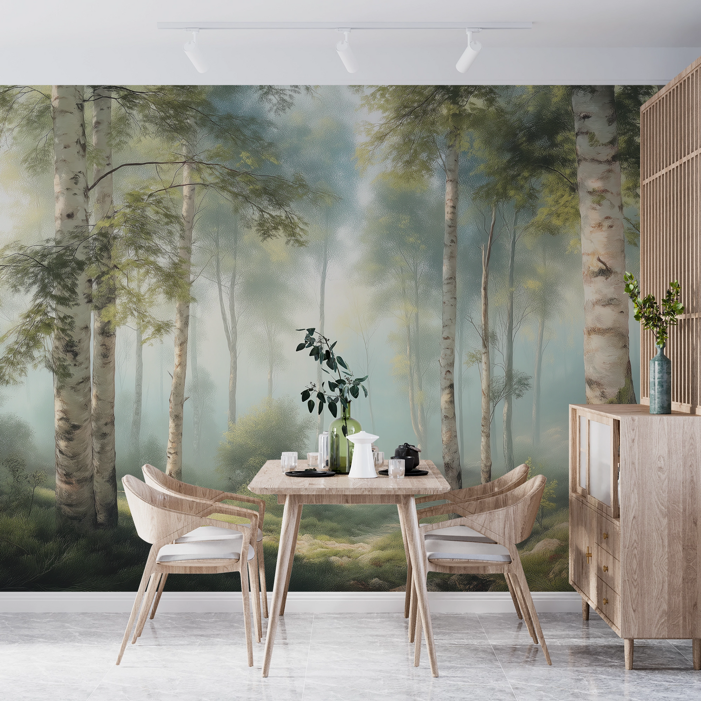 Digitaltapete mit Birkenwald im Morgendunst – neblige Waldszene mit Licht und Tiefe