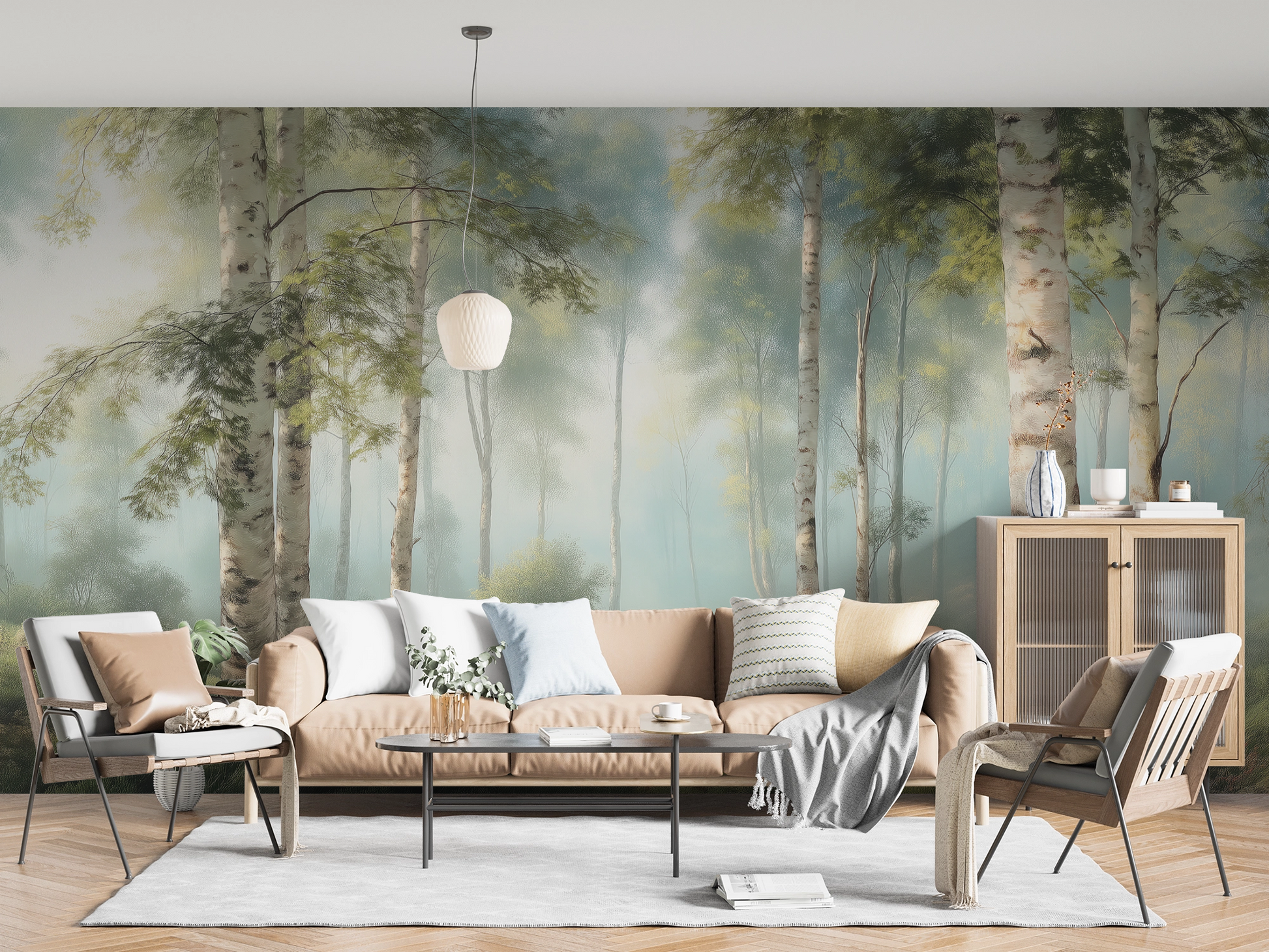 Digitaltapete mit Birkenwald im Morgendunst – neblige Waldszene mit Licht und Tiefe