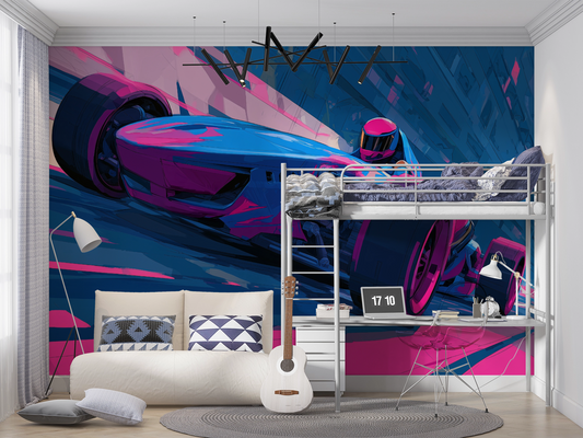 Futuristischer Rennwagen im Neonstil – digital illustrierte Wandtapete mit pink-blauen Farbakzenten, dynamischer Perspektive und urbanem Gaming-Look
