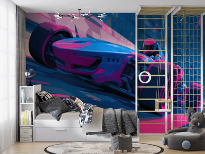Futuristischer Rennwagen im Neonstil – digital illustrierte Wandtapete mit pink-blauen Farbakzenten, dynamischer Perspektive und urbanem Gaming-Look