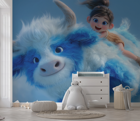 Fröhliches Kind reitet auf fliegendem, flauschigem blau-weißen Fantasietier im Himmel – animierter Stil, kindlich und magisch