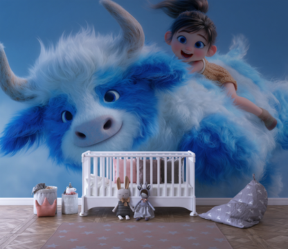 Fröhliches Kind reitet auf fliegendem, flauschigem blau-weißen Fantasietier im Himmel – animierter Stil, kindlich und magisch