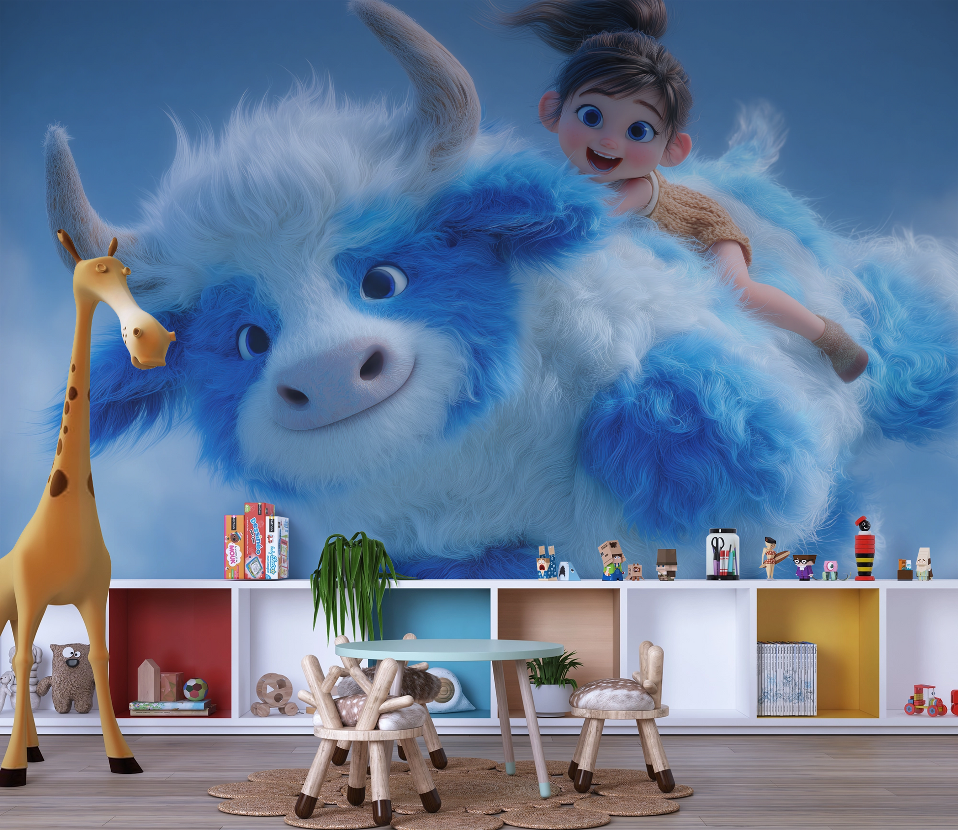 Fröhliches Kind reitet auf fliegendem, flauschigem blau-weißen Fantasietier im Himmel – animierter Stil, kindlich und magisch
