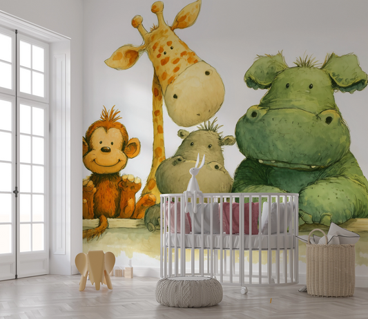 Tierbande aus Löwe, Affe, Giraffe, Nilpferd und Flusspferd in Aquarell-Stil – Kinderzimmerfreundlich und bunt illustriert


