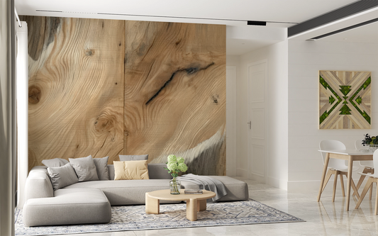 Detailansicht der Tapete „Scandi Wood“ mit realistischer Holzmaserung in natürlichen Beige- und Grautönen – skandinavischer Wohnstil