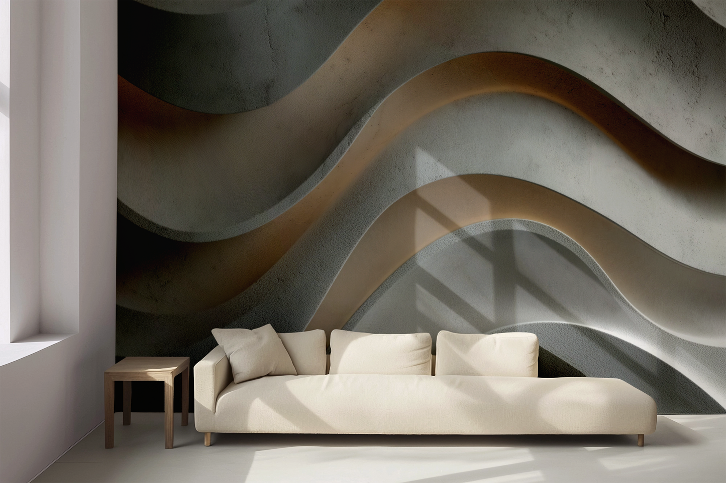 Selbstklebende Tapete mit 3D-Wellenstruktur in Grau- und Sandtönen. Modernes Wanddesign mit Betonoptik und plastischer Tiefenwirkung – ideal für architektonische Wohnräume und minimalistisches Interior.