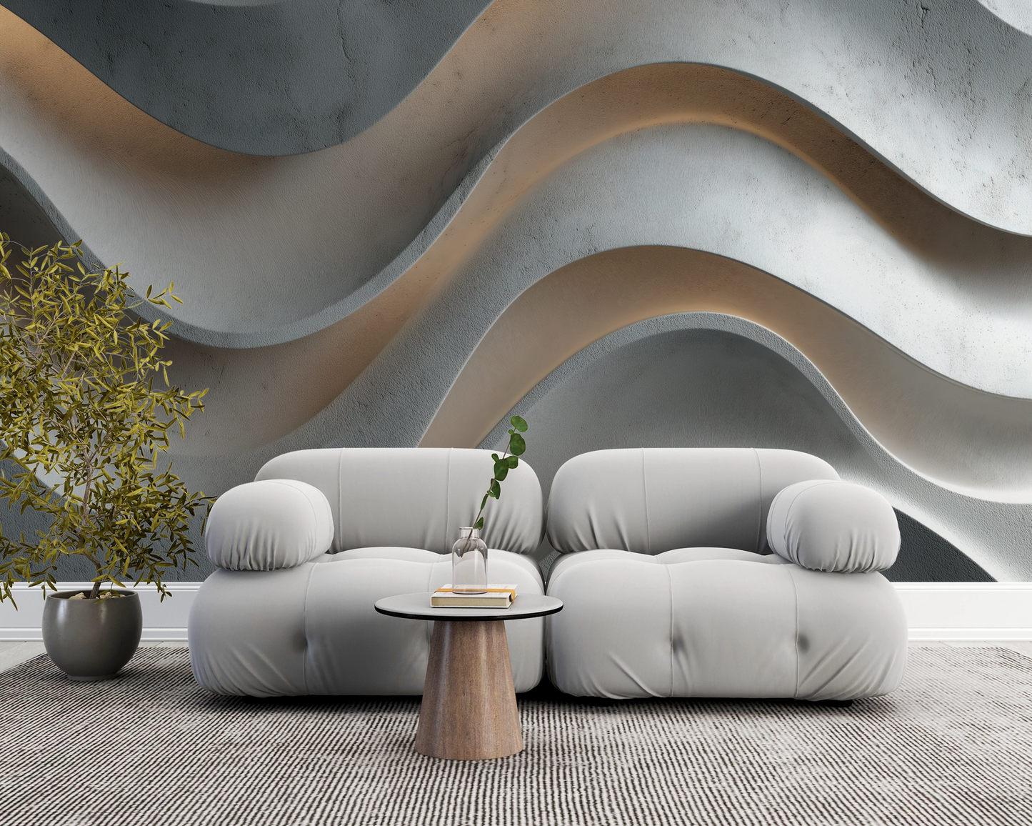 Selbstklebende Tapete mit 3D-Wellenstruktur in Grau- und Sandtönen. 